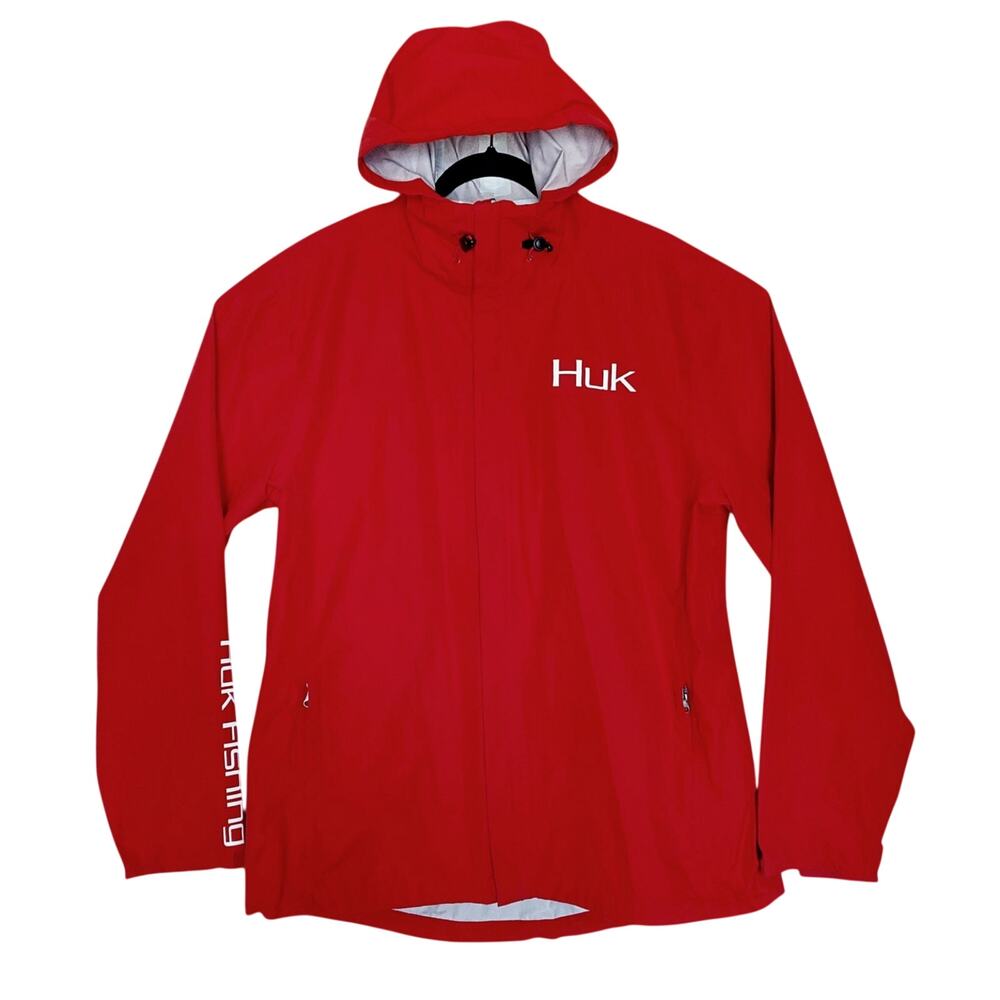 HUK Men's Performance Fishing Storm Rain Jacket Red Waterproof Packable Size XL